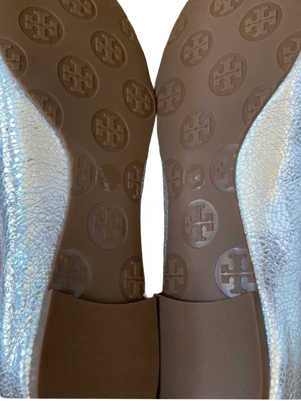 NEW Tory Burch Reva Silver Metallic Crackle Leather Ballet Flats Size 5 NWOB